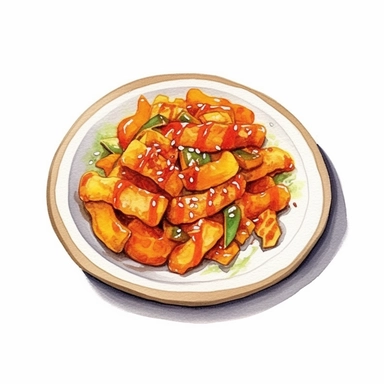 a delightful watercolor, hyper-realistic clipart image with a white background and white margins, showcasing a plate of Korea Stir-fried rice cakes. The ultra-detailed, hand-drawn elements capture . Use whimsical touches to add a sense of freshness, and bold shades of yellow and brown to evoke the comforting and satisfying nature of this classic fast food dish