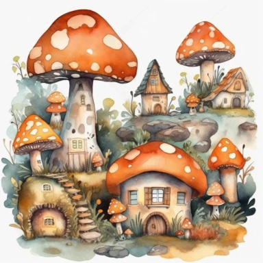 pixie orange mushroom house village in forrest, watercolour clipart