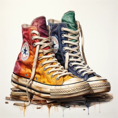 hand drawn , watercolor, hyper realistic, white background, white margins, 16k, ultra detailed clipart, cut out image, hand-drawn, ultra HD, sharp and clean art a stack of vintage old worn sneakers 1940 -1950 era , capturing the romantic and feminine aesthetics often associated with vintage fashion and travel, Clipart