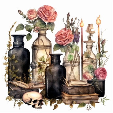 dark arcadia watercolor gravestone potions, candles, skulls, roses, vines clipart
