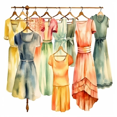 2 watercolor 1950s vintage boutique retro shabby chic clipart, white background, spaced out, hd