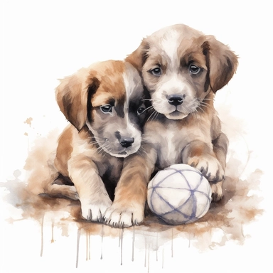 Watercolor puppies playing, with ball of wool Clipart - cute dogs , Colour of brindle brown and cream, white background, vector art, high definition, clip art, ar 2:2
