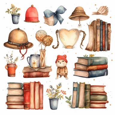 World book day hand drawn watercolor clipart set. Library books collection
