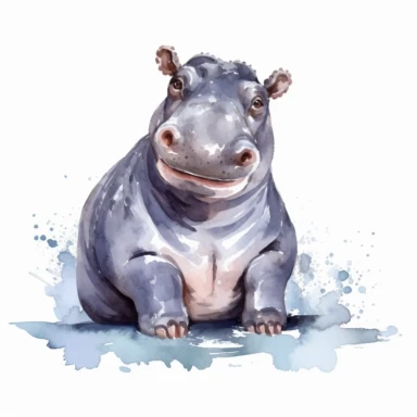 cute Hippopotamus Clipart sitting and smiling in the style of oil painting, on a white background