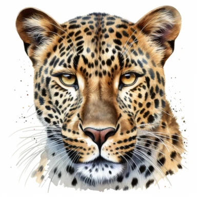 african leopard front face, clipart, isolated on white background, watercolor drawing, photo-realistic techniques