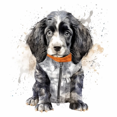 cute watercolor black and white spaniel puppy illustration, clipart, high detail wearing a fluffy raincoat with rain and puddles. high detail hd 8k, watercolor background,