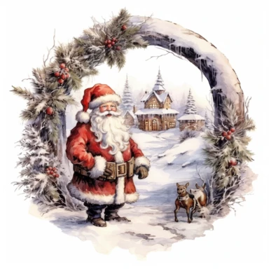 Vintage design, advent wreath around, christmas theme oil paining santa claus with a big sack filled with gifts Clipart Collection in beautiful winter landscape, advent wreath around, christmas theme, detailed, isolated, white background, one pattern,