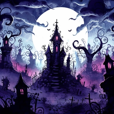 Scary haunted graveyard by tim burton, watercolor, clipart, white background, grotesque, sketchfab, under the moonlight, eerie color scheme, dark scary colors, closeup