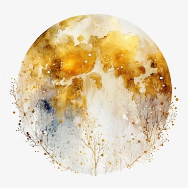 A full moon, white, gold, glitter, fantasy, realistic illustration, watercolor, by Dinara Mirtalipova, by Disney, bright and airy Colors, concept art, white background , clipart