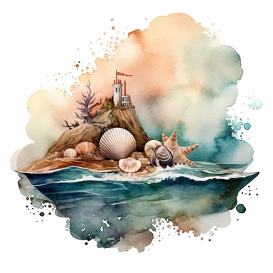 Create a captivating watercolor clipart illustration capturing the moodiness of the sea and beach, Picture a rugged coastline with crashing waves and dramatic clouds, Scatter beautifully rendered seashells along the shore, showcasing their intricate textures and muted colors, Use a dark and rich color palette to evoke a sense of mystery and depth, The artwork should be high - definition, with a spacious composition and a 3: 2 aspect ratio, Present the final illustration on a white background, en