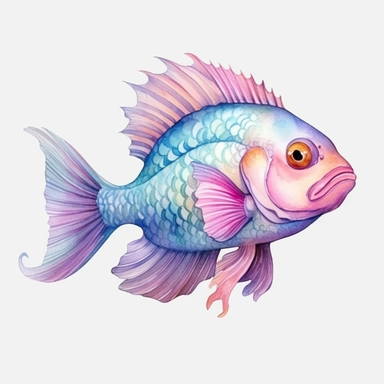 Fish in watercolor, light turquoise, and light purple style, unique character design, colorful wood carvings, white background, bright vivid seascapes, animal illustration, 8k, UHD, realistic detail, hand-painted style, PNG, Clipart, 300dpi