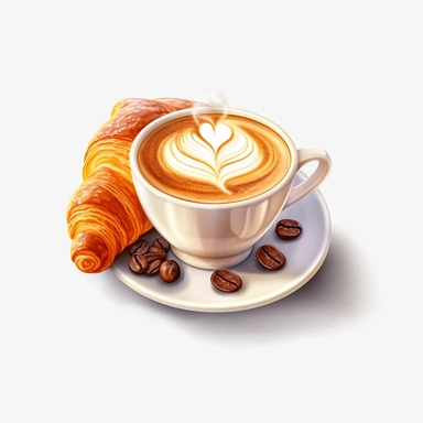 Isometric illumination of commercial shot of ultra - realistic watercolor painting of a really delicious coffee with croissant, latte art heart clipart, good looking food, delicious, yummy, foodie, healthy, white background no text, isolated on white, watercolor illustration, award winning, strong and sharp lines, upscale