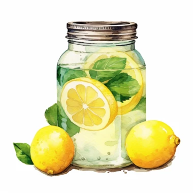 watercolor lemonade in jar with lemon pieces clipart, white background