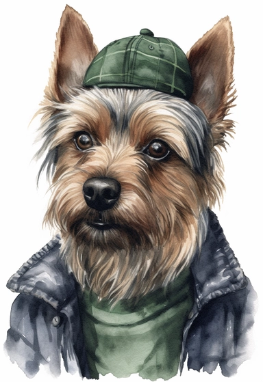 watercolour of a Australian Silky Terrier wearing A dark green plaid flannel shirt paired with a denim jacket, Add a black and white checkered bandana around the neck and a dark gray wool beanie on the head, clipart, colourful, pastel color, watercolour, single sheet