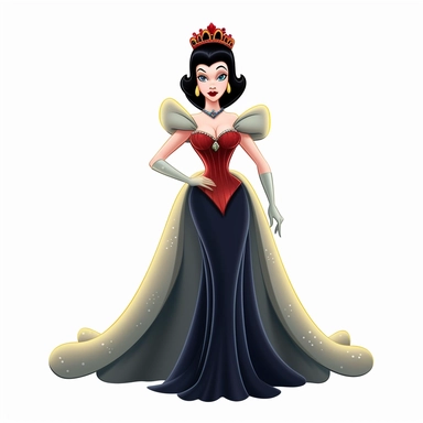 FULL-BODY PERSPECTIVE OF A 2D DISNEY CLIPART ILLUSTRATION OF A BEAUTIFUL AND BENEVOLENT QUEEN, WHITE BACKGROUND, STYLE OF DISNEY'S 1937 MOVIE SNOW WHITE, WHITE BACKGROUND