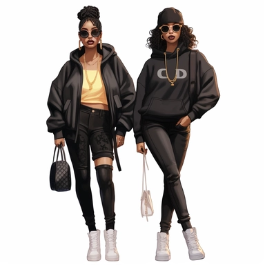 black women fashion collection by christian dior alexander mcqueen lululemon includes leggings, hoodies clipart, isolated on solid white background, png, vector, kawaiicore, influencer,, cyberpunk