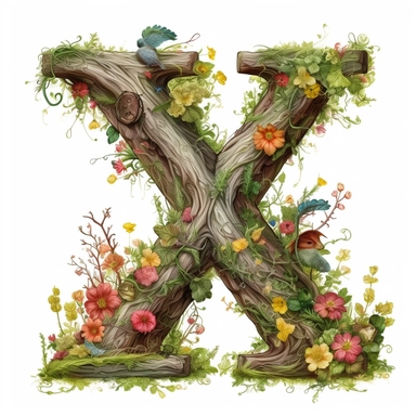 vintage letter X Made Of Tree with vines wrapped around, flowers. moss clings to, illustration clipart, high detailed, white background, digital art