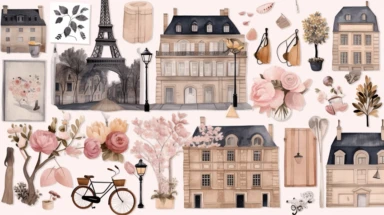 20 Digital stickers, sticker bundle, paris, city items, plain background, watercolor illustration, clipart, Beige, pink, grey, aesthetic, realistic, 8k,