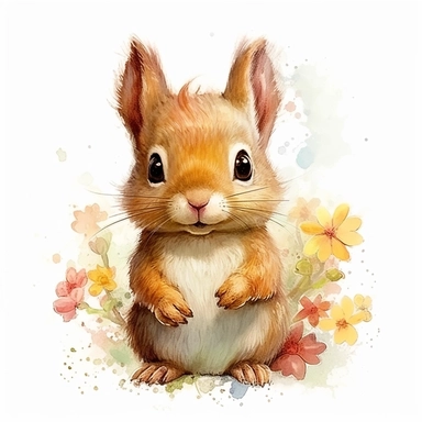 Watercolour animated whimsical cute baby woodland squirrel beautifully detailed perfect facial features ultra highly detailed, 18k, sharp focus, bright photo with rich colours digitally enhanced, enhanced graphics, straight, sharp focus, bright lighting, intricate detailed png image ,high definition,300dpi,graphic clipart,computer graphics