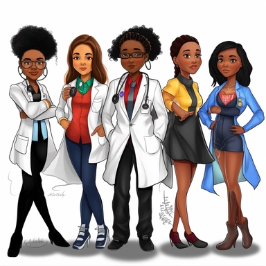 cartoon of young black girl superheros, wearing different suits as a doctor, lawyer, architect, firefighter, computer engineer, inspired by the quote Black excellence in the making, watch us soar, clip art, realistic faces and body features, white background, high definition