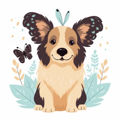A cute dog clipart with a butterfly on its nose, in the style of Mary Blair, muted and pastel color palette, white background.
