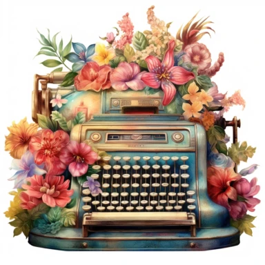 a watercolor enchanted old and used 1900 cash register profil view, enchanted collector's item surrounded by an arrangement of a number of dramatic extravagant saturated digital multicolor 3D giant tropical flowers, in the style of large-scale photography, lush detailing, watercolor style, pastel colors, playfully intricate, made of flowers, bloomcore, clipart, transparent png background