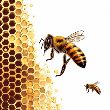 A honey bee hovering near a beehive entrance, carrying a load of pollen on its hind legs, with a focused expression, with a honeycomb pattern as the coat or attire. (Digital drawing clipart, image black border color, full body, flat texture, transparent background)