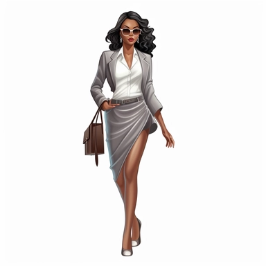 Create clipart sticker featuring white background a full-body runway pose, of a beautiful, black African-American girl confidently wearing stilettos, model wearing fashion designer clothes
