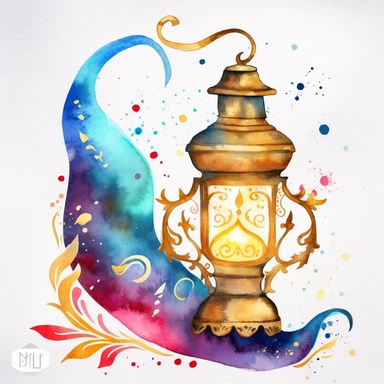 Colorfull clip art watercolor for kids, A watercolor clipart of a magic lantern inspired by the tale of Aladdin's magic lamp with intricate details and gold accents, 8k