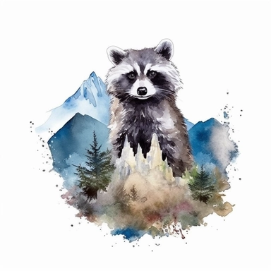 watercolor style, devil raccoon with the mountain forest in the back clipart, isolated on white background, hd