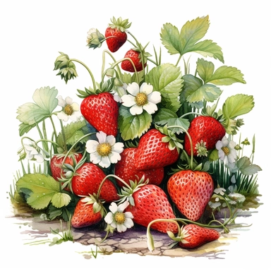 watercolor, hyper realistic, white background, white margins, 16k, ultra detailed clipart, cut out image, hand-drawn bright and colorful clipart of a strawberry garden, with ripe strawberries ready for picking and a garden sign welcoming visitors.