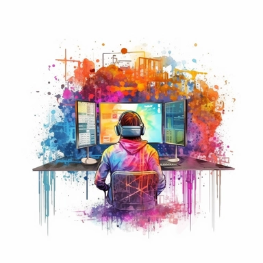 studio logo of programming colorful code getting out of a computer's screen clipart , boho style, in style of Watercolor and ink outline