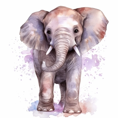 a baby female grey African elephant with a pink bow on her head, stood sideways to the camera looking right, shooting water from its trunk, watercolour painting transparent background png clipart