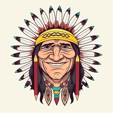 logo, color pencil drawing smiling Apache warrior , head, facing front, cute, circle frame, cartoon clipart, vector, bold line, white isolated background, high definition