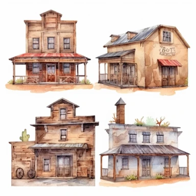 watercolor Old west style buildings, illustrations clipart set, simple, , cartoon elements ,different variants , separate elements with a margin