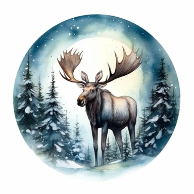 christmas moose, watercolor, clipart, moonlight, forest
