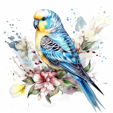 budgie bird, colourful, watercolour, isolated solid background, pretty, floral, clipart, include branch and flowers--no watermark, text, words, paintbrush, typography