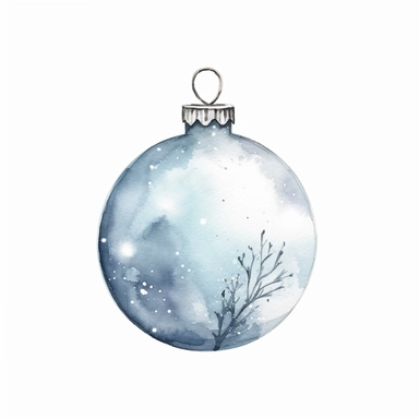 Minimalistic watercolor, hand drawn sketch, adorable, single bubble ornament, Christmas clipart, grey and blue pastel colors, white background