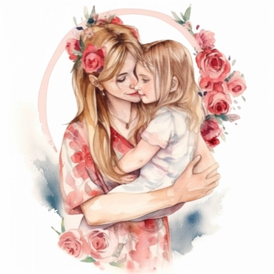 mother hugging her little daughter, watercolor clipart, hearts, floral, white background, png