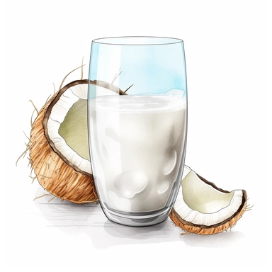 create a beautiful high quality high detail highly saturated watercolor clipart disney style illustration of a GLASS OF COCONUT MILK, NO TEXT, NO FONT, NO WATERMARKS, WHITE BACKGROUND