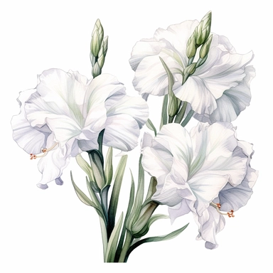 Watercolor white gladiolus clipart on a white background in the style of feminine sticker art, Tanya Shatseva, storybook illustration, pure white and subtle gray shades, Georgia O'Keeffe, flower and nature motifs, colored line art, colored outlines, cottagecore design, watercolor on white background, ombre, neutral tones, colored line art, colored outlines, iridescent ombre, gradient shading, symbol of purity and innocence, vibrant digital art oil paint photorealism, an illustration of a colored