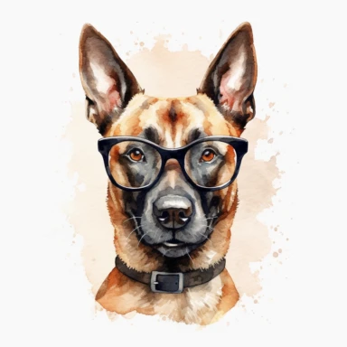 a fine detailed watercolor picture of a Belgian Malinois dog, that wears nerd glasses on a white background as clipart.