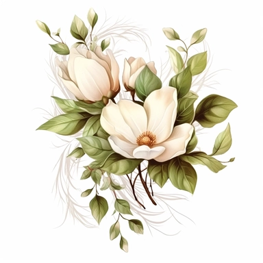 clipart, isolated boquet of magnolia flower and delicate vines