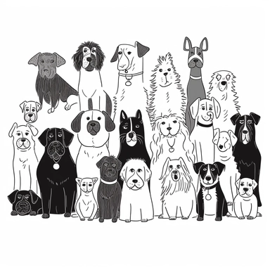 simple one line art of dogs, full din a 4, simple one line art, black and white, body of dogs, picture of a busy scene , poster style, clipart