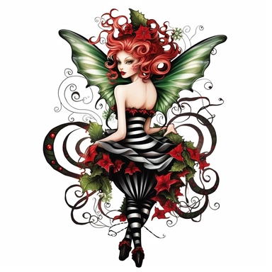 christmas fairy, clipart, red and green, black white stripes, holly, , isolated on white background, in the style of Amy Brown, beautiful christmas floral, bright color, crisp lines, chaos 8
