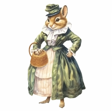 a Cute Happy Baby Chipmunk in clothing in the style of Watercolor Kate Greenaway Clipart, White Background
