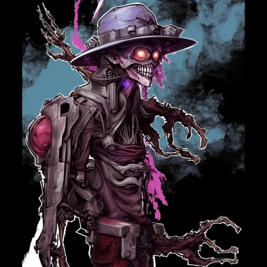 with a cowboy hat on in a hand drawn style, clip art, side shot, in the style of whimsical cyborgs, light purple and dark crimson, nightmarish visions, knightcore, twisted branches, rtx on, ernest meissonier,
