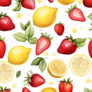 lemon and strawberry, Watercolor, vector, white background, clipart,Seamless patterns, repeating patterns design, flat illustration, Vector, 4K, Art station, digital print, highly detailed clean, A detailed illustration a field,3D vector art, cute and quirky, fantasy art, watercolor effect, bokeh, Adobe Illustrator, hand-drawn, digital painting, low-poly, soft lighting, bird's-eye view, isometric style, retro aesthetic, focused on the character, 4K resolution,vector image, photorealistic masterp