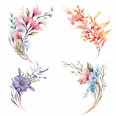 4 watercolor ribbon pastel ethereal corner border floral arrangements clipart, clean lines, white background, hd