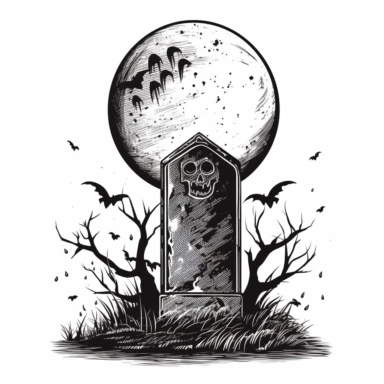 A scary looking tombstone for halloween with large full moon behind it, white background, single design, clipart, vector style graphics, sharp lines